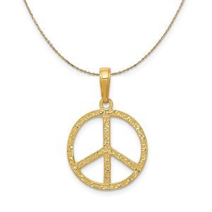 14k Yellow Gold Textured Peace Sign (16mm) Necklace - 18 Inch